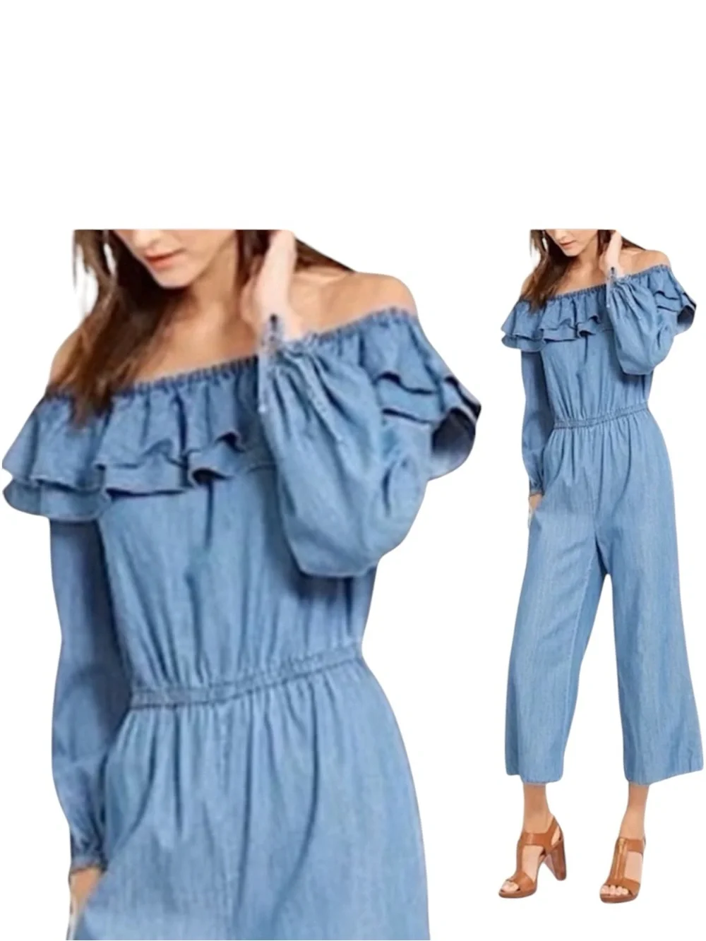 MICHAEL KORS Denim Chambray RUFFLE ON/OFF SHOULDER JUMPSUIT Small …Boho casual